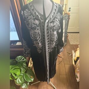 Johnny Was Black and Silver Floral Embroidered Hirsch Velvet Midi Coat